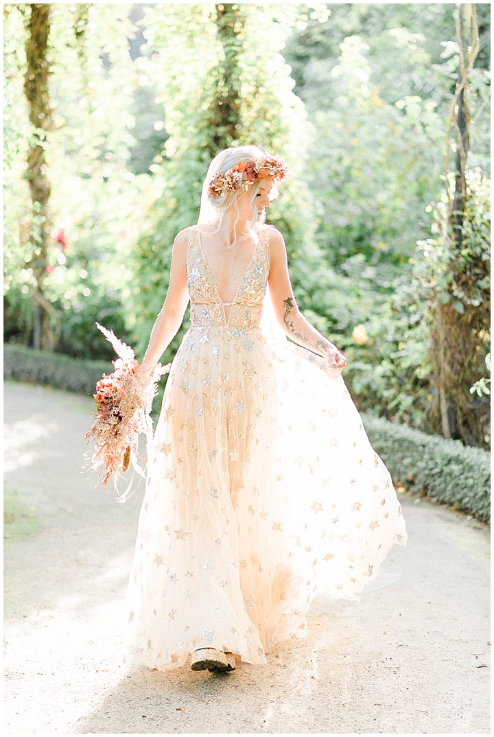 Bride walking with creative wedding dress